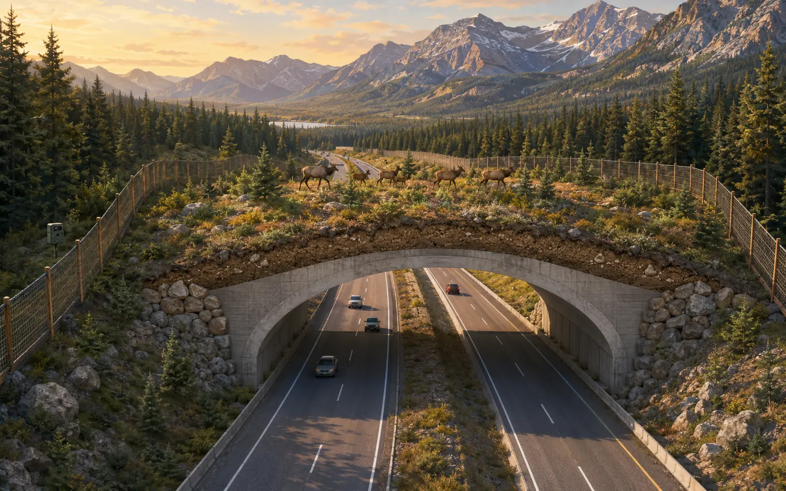 A child-friendly cutaway illustration showing fencing guiding elk and deer to a planted wildlife overpass while cars travel below