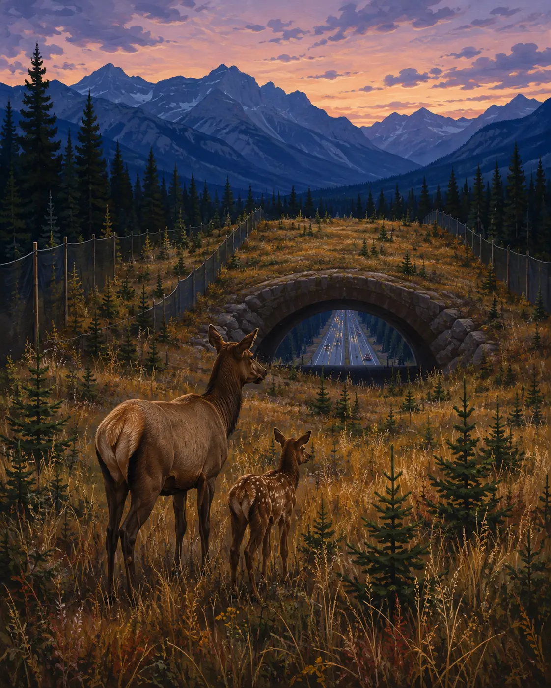 A cow elk and calf crossing a planted wildlife bridge while vehicles travel on the highway far below