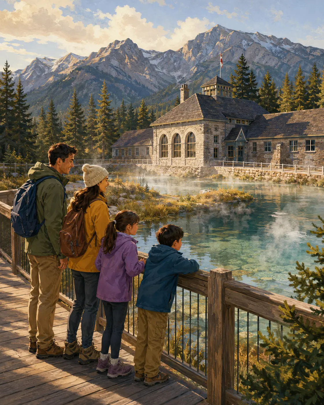 A family of four staying on the public boardwalk while viewing protected thermal springs at Cave and Basin
