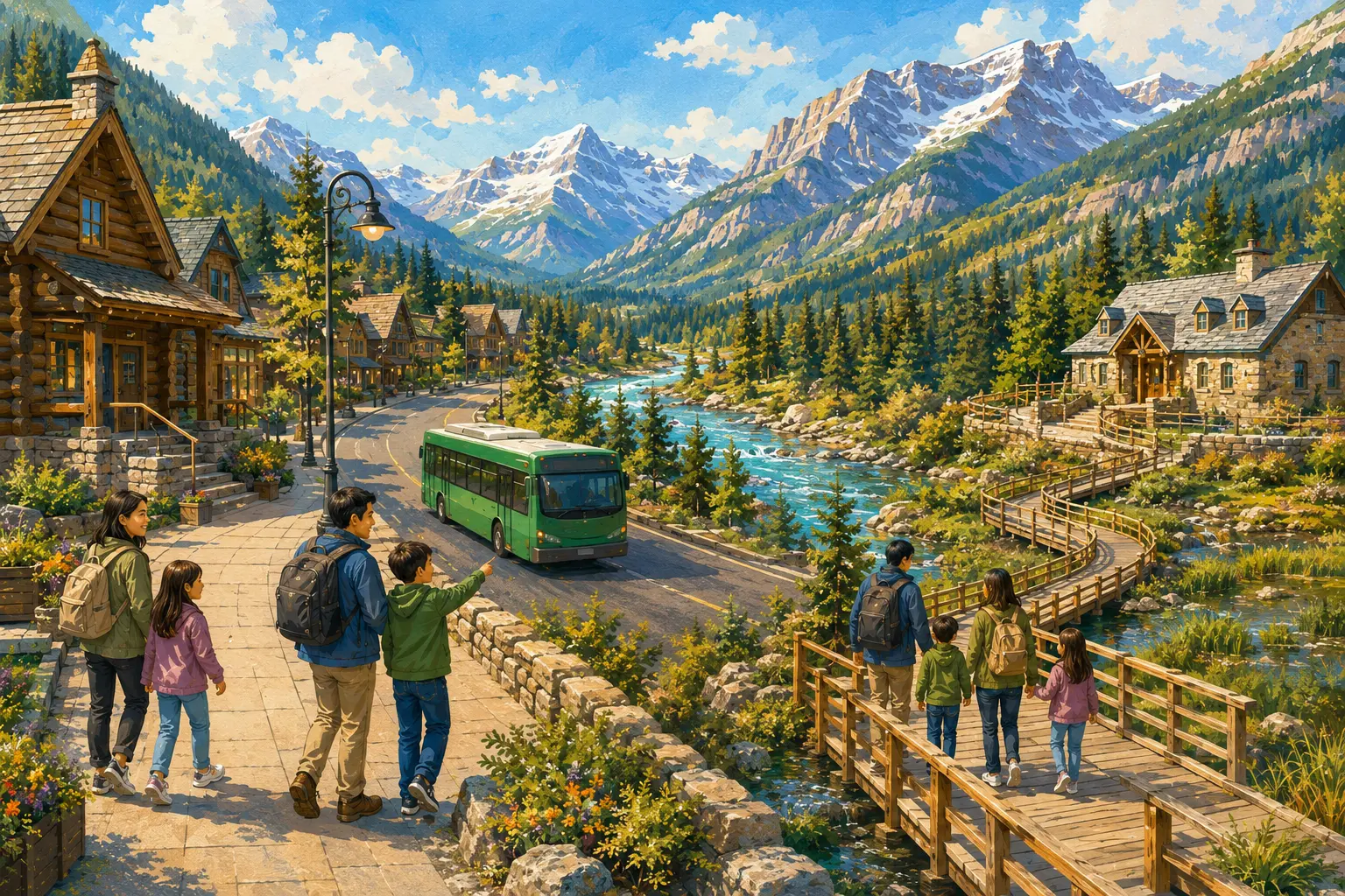 An illustrated Banff family journey from downtown and the Park Museum to Cave and Basin, its public boardwalks and nearby trails