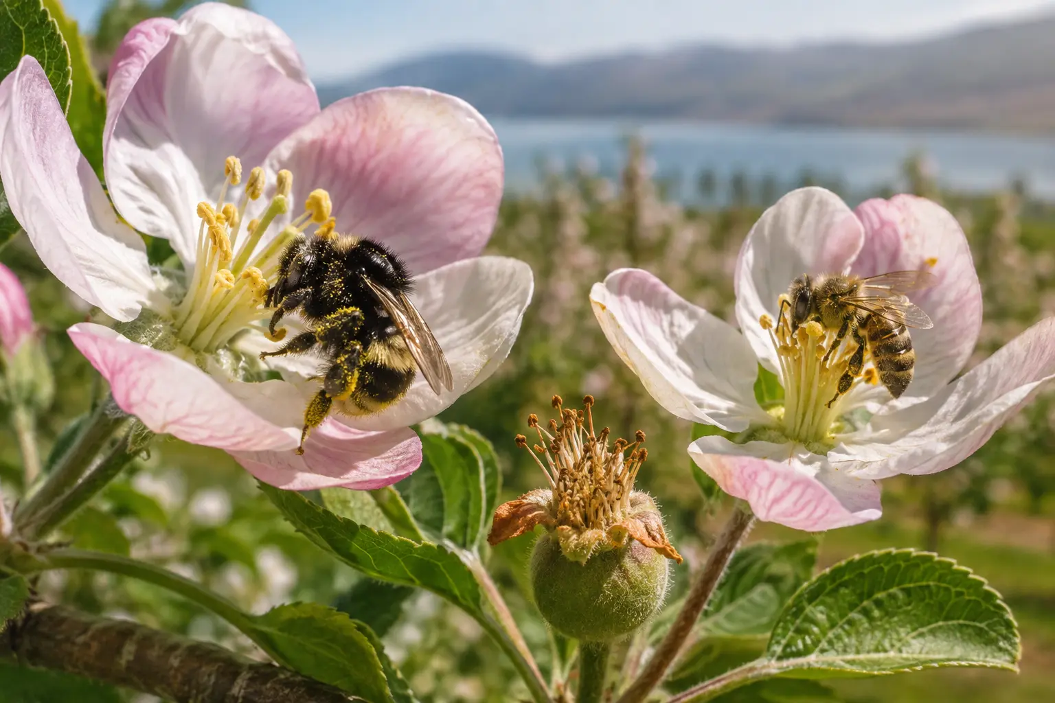 A bumblebee and a honey bee carrying visible pollen among pink and white apple blossoms