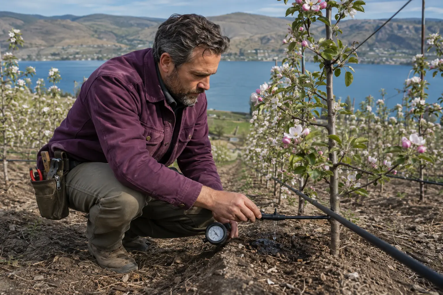 An adult orchard manager inspecting a drip irrigation emitter beside the root zone of a flowering apple tree