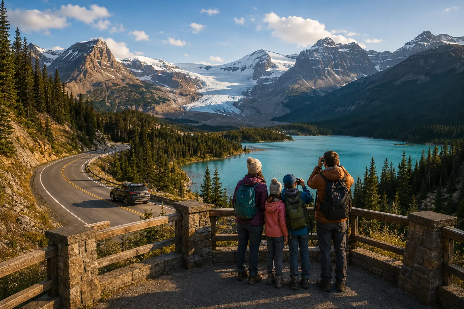 A family at a fenced mountain viewpoint above the Icefields Parkway with forest, a turquoise lake and the Columbia Icefield ahead