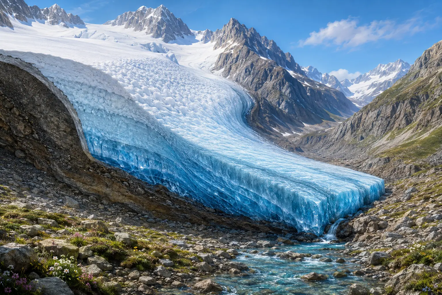 A child-friendly cutaway landscape showing mountain snow becoming blue glacier ice and then a meltwater stream