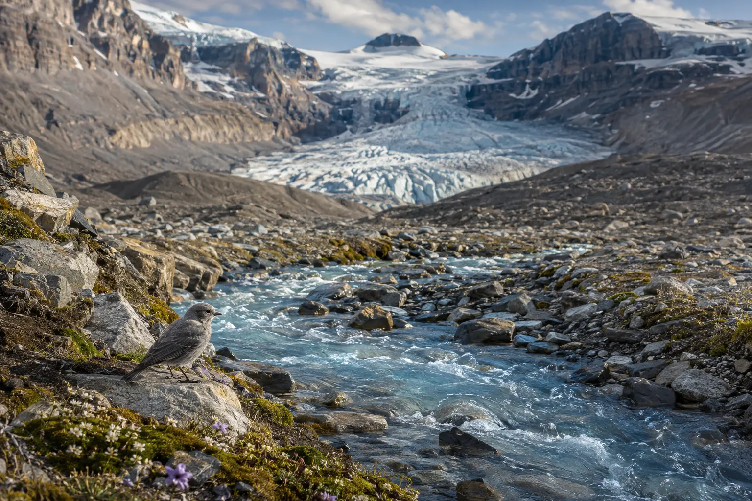 A clear meltwater stream flowing through newly exposed glacier rocks beside moss and small alpine flowers