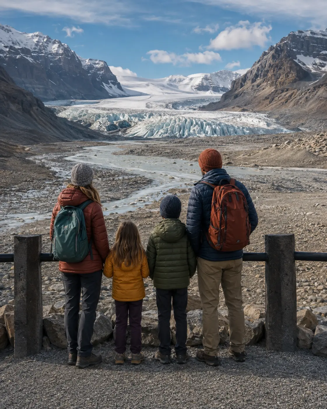A family in warm layers observing the Athabasca Glacier from behind a public safety barrier