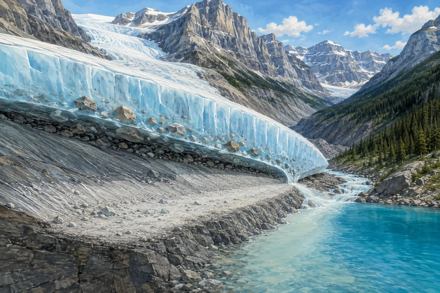 A cutaway illustration showing glacier ice grinding rock into sediment carried by meltwater to a turquoise lake