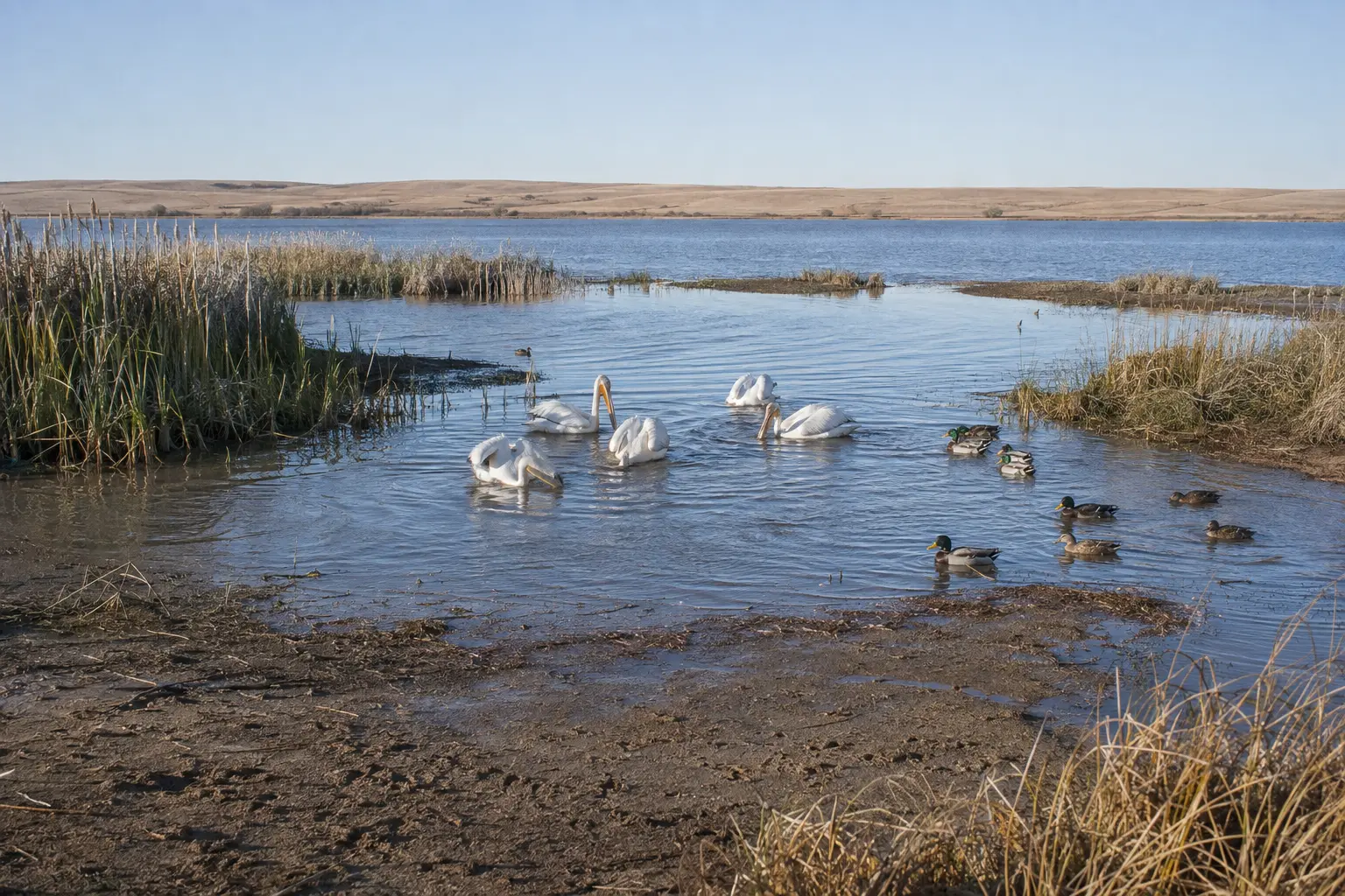 American white pelicans and mallards feeding in a shallow reed-lined cove at Lake Diefenbaker