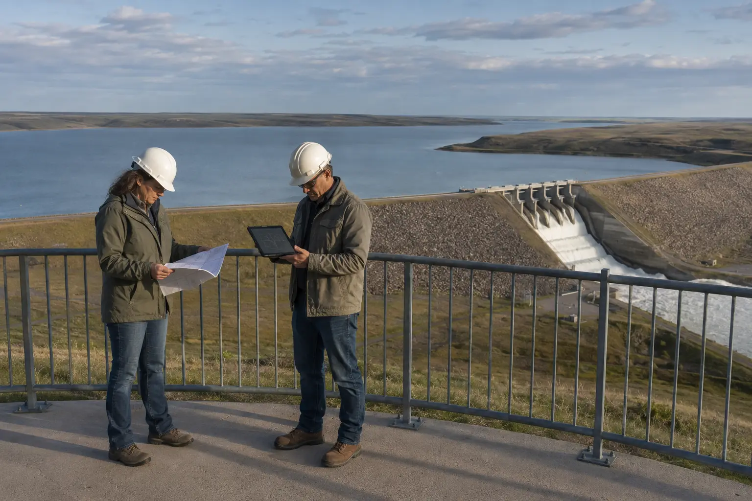 Two adult water-management professionals safely reviewing reservoir conditions from a railed overlook above Gardiner Dam