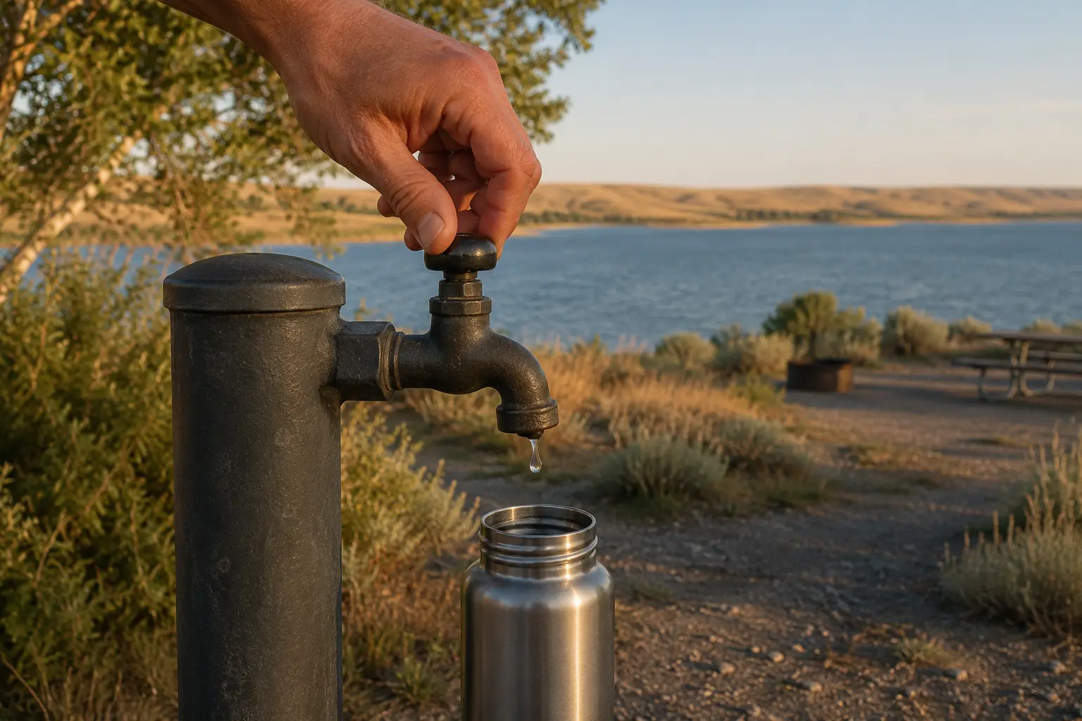 An adult hand closing a campground water tap above a reusable bottle beside Lake Diefenbaker