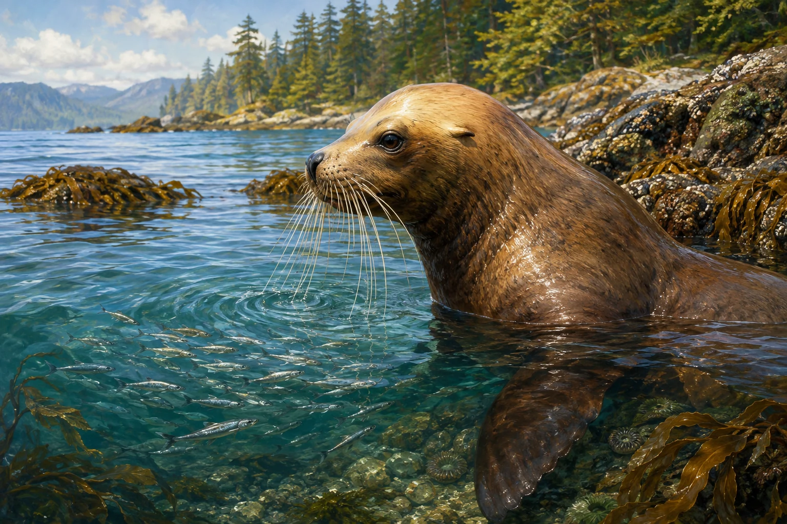 Painterly Steller sea lion beside a rocky British Columbia coast with kelp and small fish beneath the water