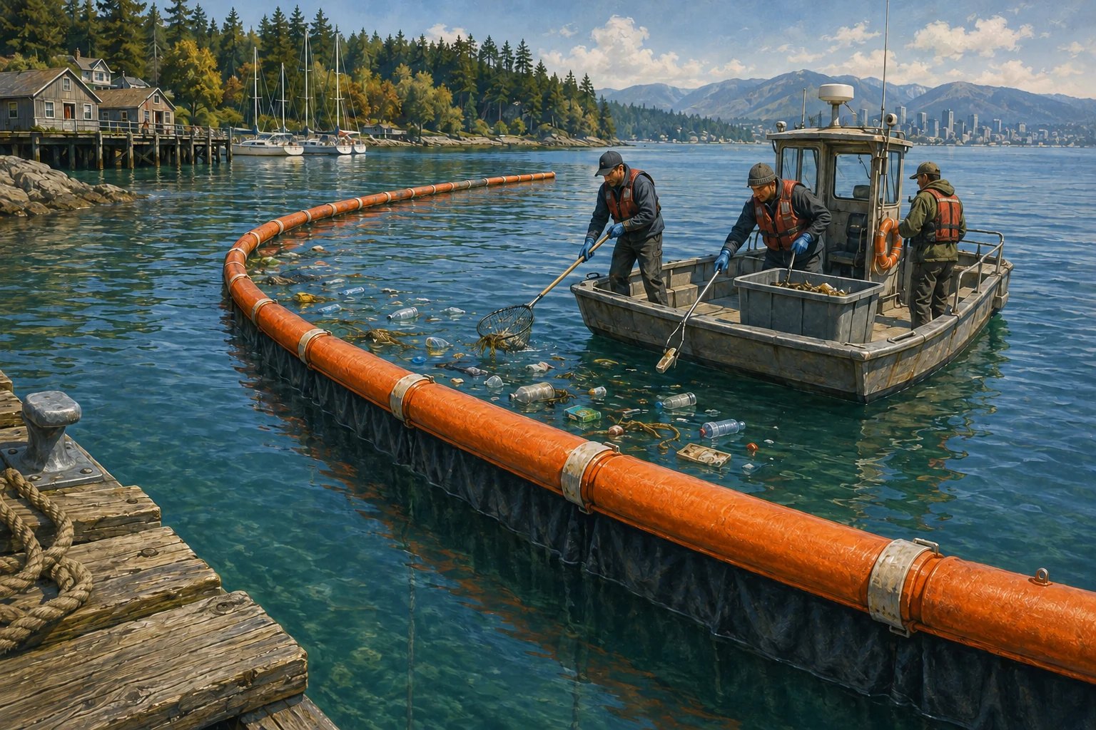 Painterly engineering view of an orange floating debris boom with a submerged skirt and trained crew collecting litter