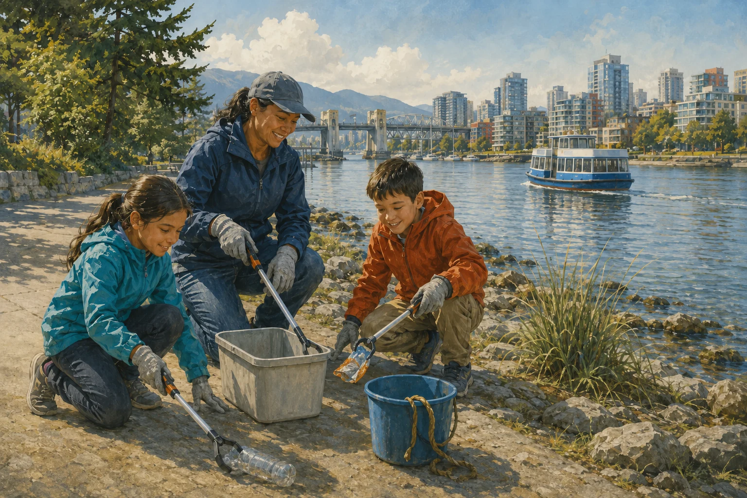 Adult and two children using gloves and grabbers to clean a Vancouver shoreline beside False Creek