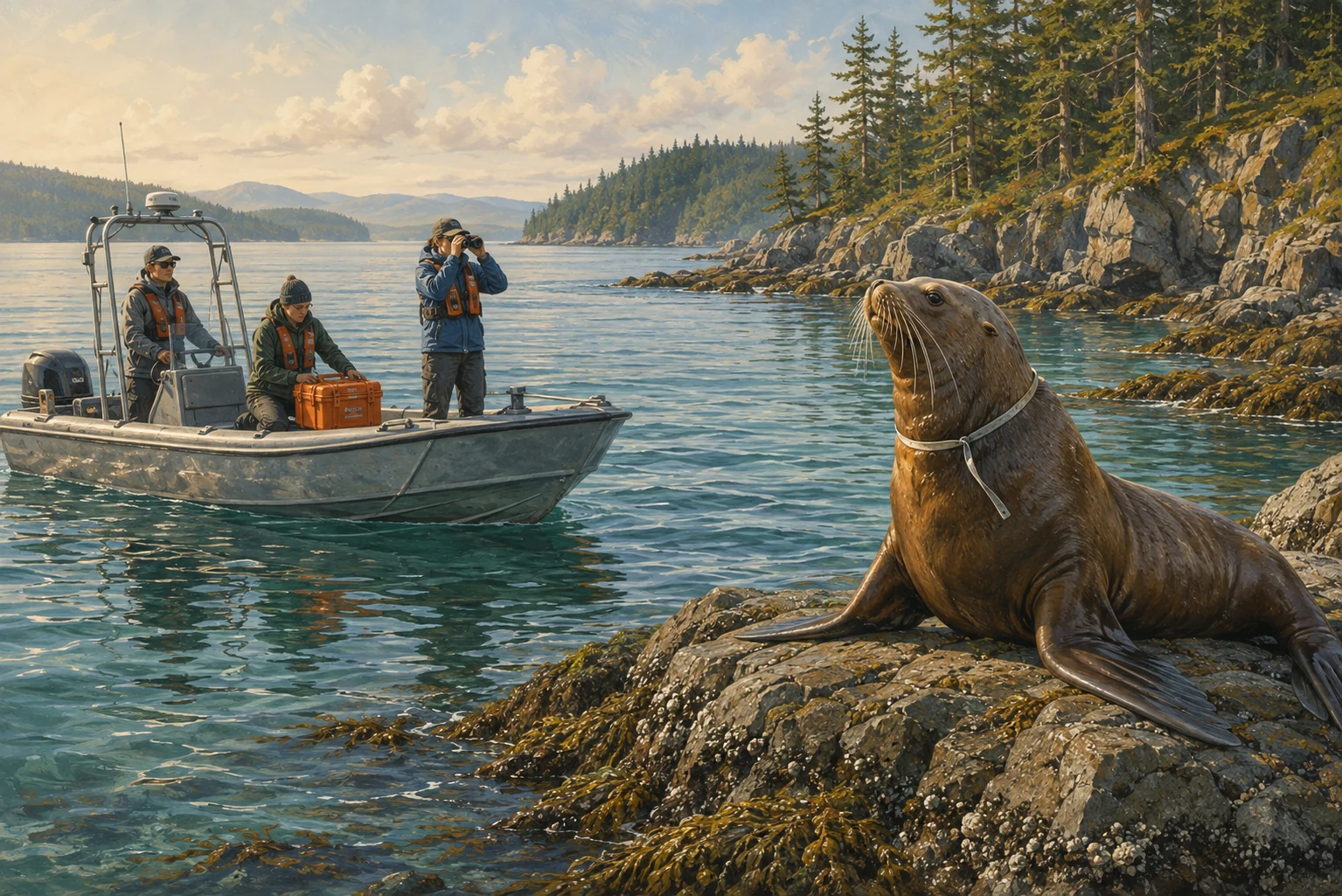 Trained marine wildlife responders observing an entangled Steller sea lion from a rescue boat at a safe working distance