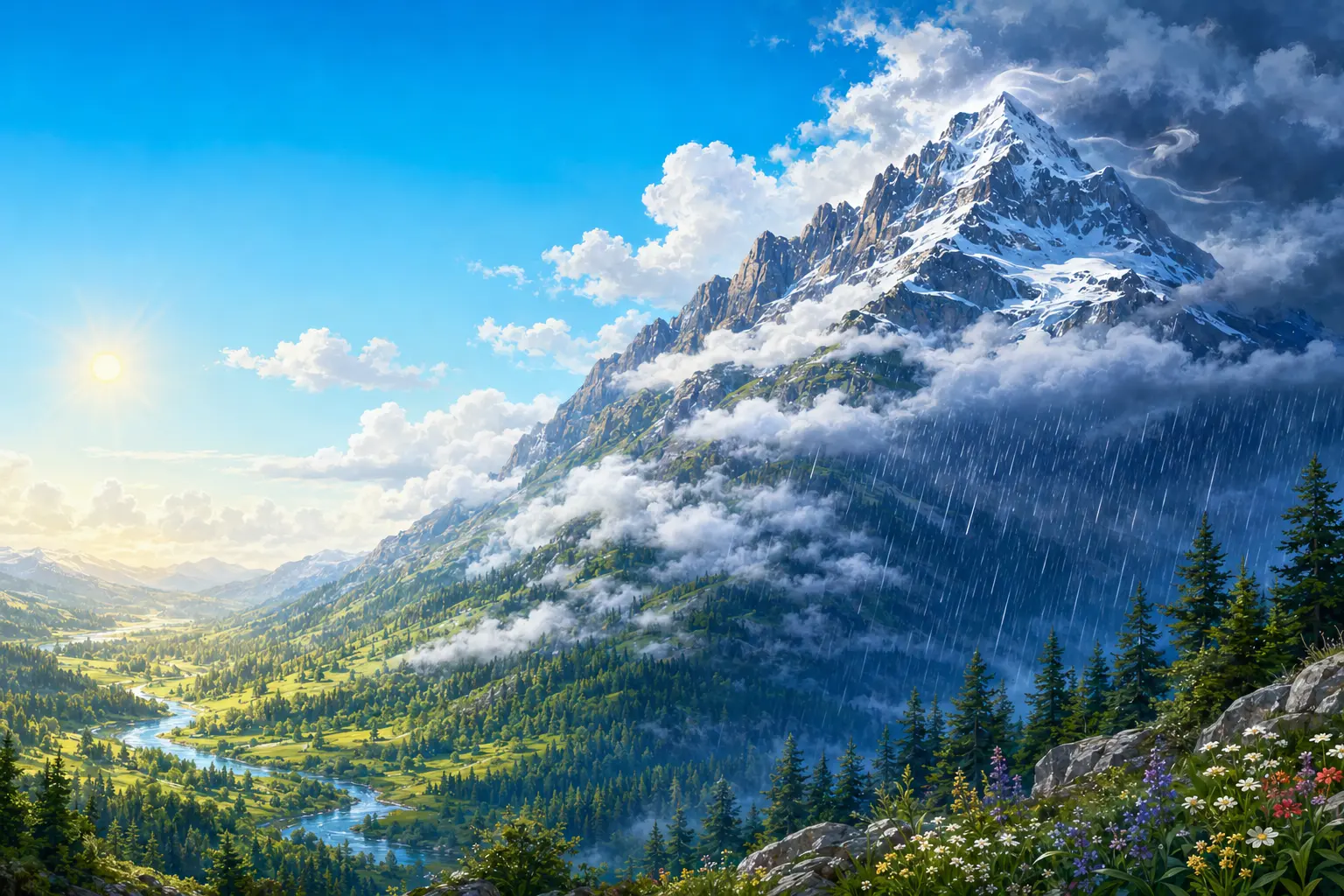 Illustrated mountain showing sunshine in the valley, cloud and rain on the slope, and snow near the summit