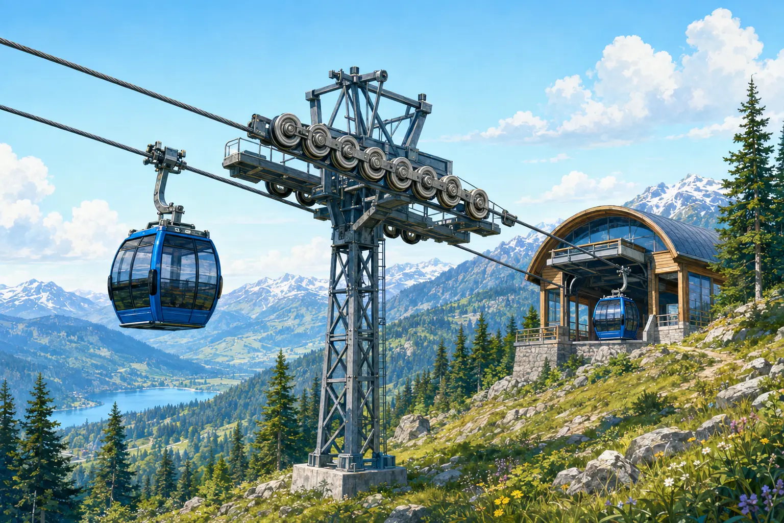 Illustrated gondola cabins, support tower wheels, cable, and mountain station