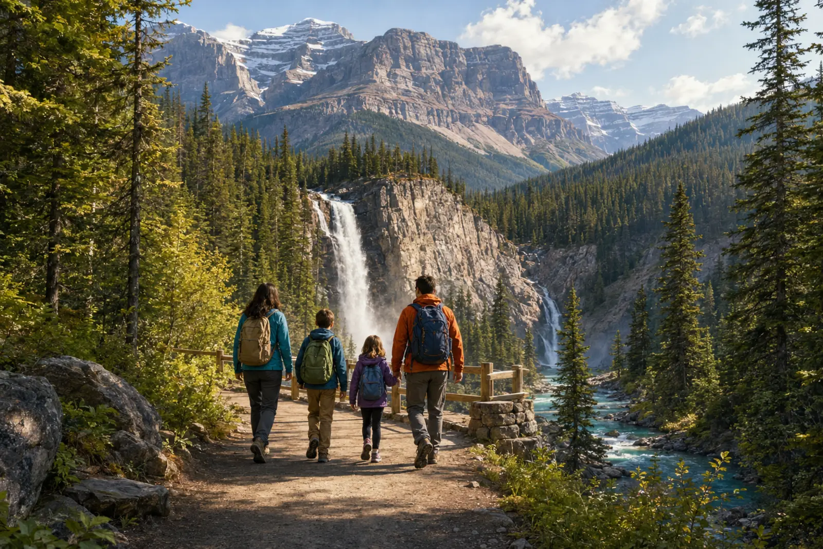Family walking safely on a maintained mountain trail toward a waterfall viewpoint